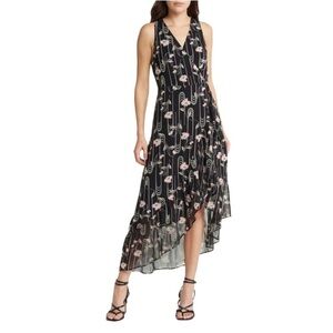 NWT Chelsea28 Black Floral Ruffled Faux Wrap Dress SMALL Slit Flutter Career